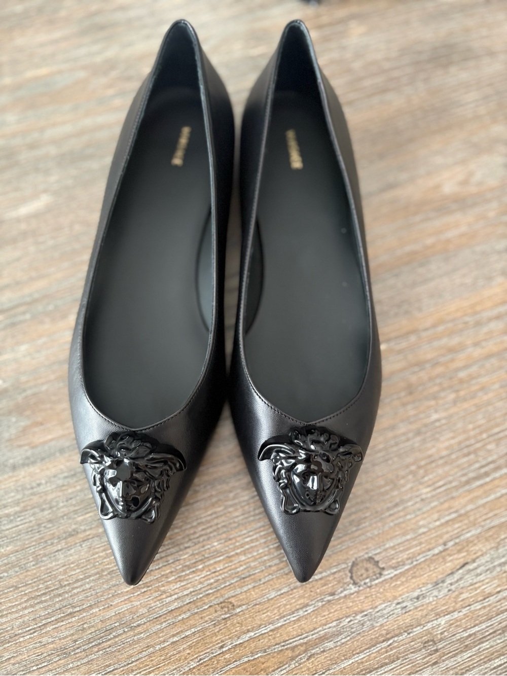 Versace Black Pointed Leather Flats with Medusa Emblem